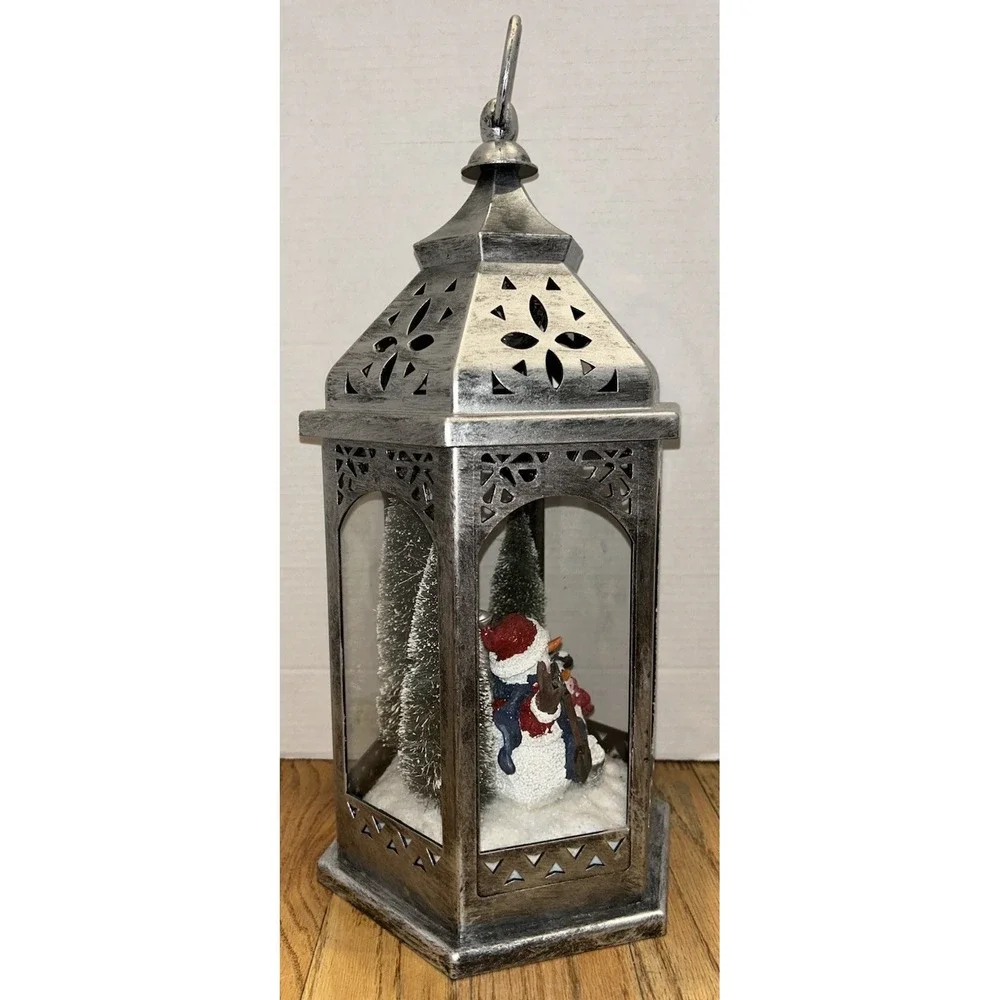 Christmas Silver Lantern Snowman Scene Trees‎ Light Lights Up Holiday Decor